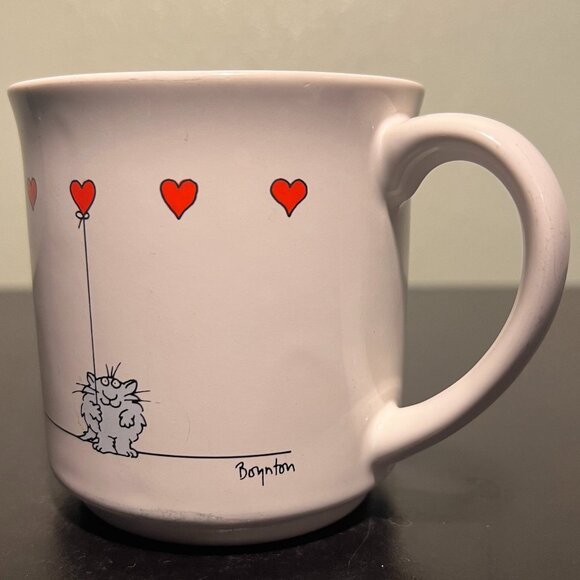 Vintage Sandra Boynton LOVE YOU Mug ~ Cat with Red Balloon Hearts ~ 1980s - Picture 1 of 12